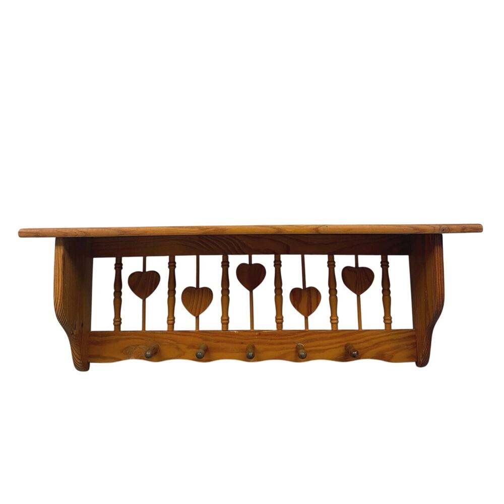 Vtg Wooden Heart Spindle Wall Shelf Five Pegs 23 inch Cottagecore Farmhouse